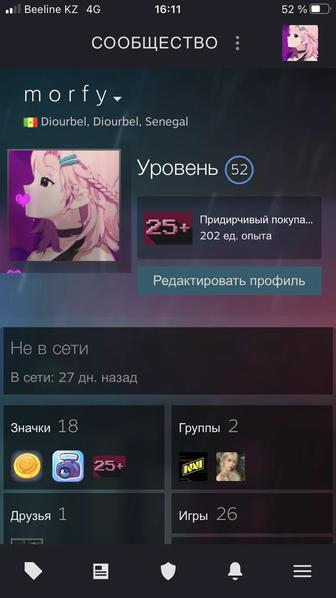 Steam аккаунт 52 уровня(27игр)