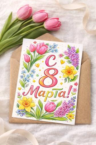 Открытка к 8 Марта , авторская открытка с цветами