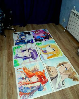 Картины цветные, на ватмане , аниме, аниме персонажи 55/60 см
