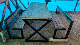 Стол и 2 лавочки ручной работы металл дерево