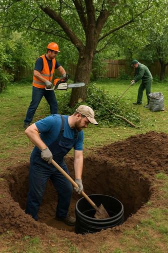 Копаем септик траншеи пилим деревья уборка теретории