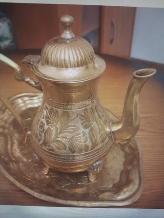 Чайник с подносом Латунь винтаж