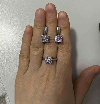 Комплект серебро 925 серьги кольцо, фианиты, размер 17