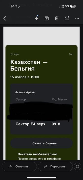 Билеты на матч Казахстан vs Бельгия, 1 шт.