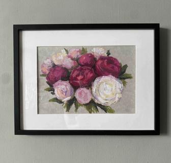 Букет пионов, картина в раме масляная пастель. 30/40 см