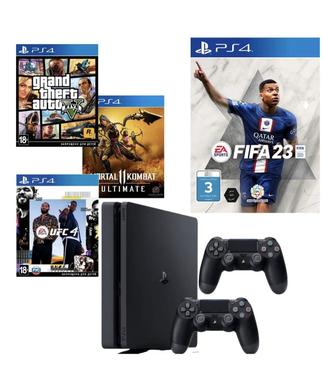 PlayStation 4 Slim + 2 джойстика + 4 игры в подарок