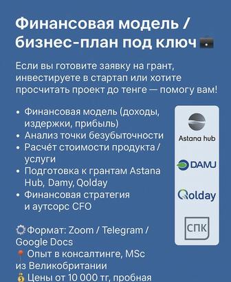 Финансовый план, бизнес-план, финмодель для стартапа / гранта / инвестор