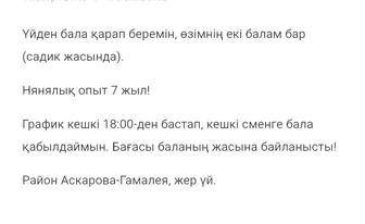 Няня день-ночь смена на дому, үйде азанғы-кешкі сменге бала қабылдаймын