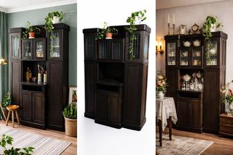 Винтажный шкаф-витрина из массива дерева со стеклянными дверцами