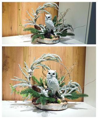 Новогодний декор композиция Сова ручная работа