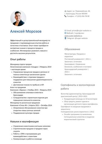 Простое резюме Менеджера по продажам белое с синим, PDF 1 страница
