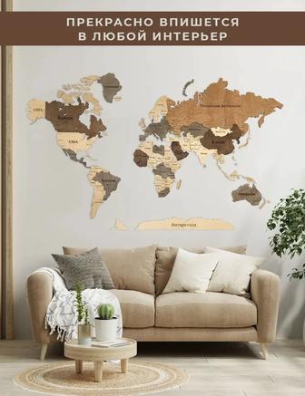 Карта мира из дерева большая 160см на 100 см