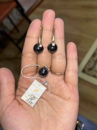 Набор с бриллиантом, черный жемчуг