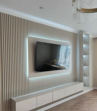 ТВ зона, установка бамбуковых панелей