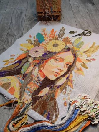 Ручная вышивка крестом Осенняя девушка 4 месяца работы Уникальная