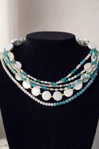 Чокер перламутровые диски жемчуг и аквамарин