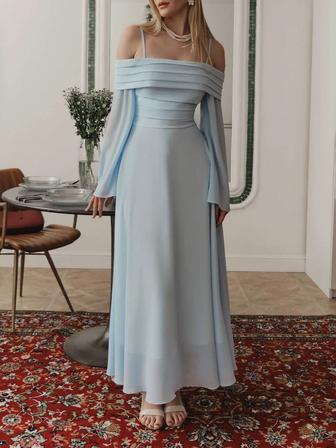 Платье макси с открытыми плечами и складками на лифе