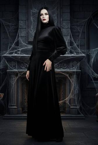 Платье в пол, черный бархат. Размер S-M