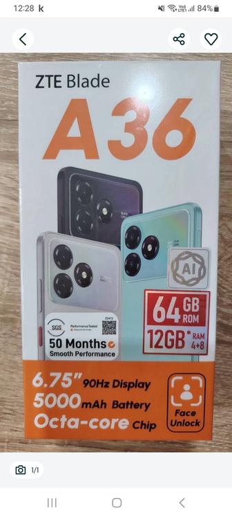 Смартфон новый zte a36 черный