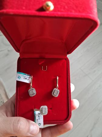 Золотые комплекты серьги и кольцо желтый золото 585. Размер 17,5