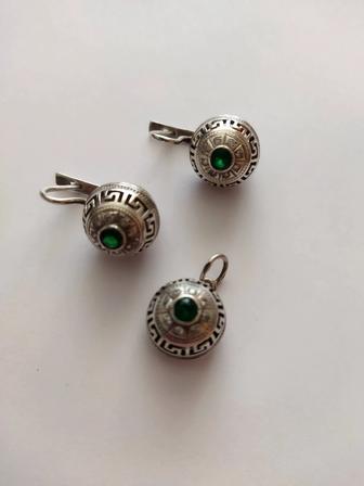 Серьги и кулон, серебро 925 пробы, новое, узор греческий меандр