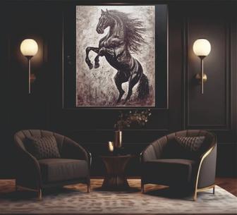 Картина черный конь. Холст на картоне. Акрил. Размер 40/50. Без рамки.