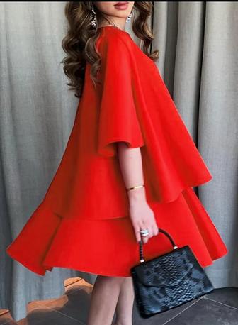 Женское красное повседневное платье до колена с круглым вырезом и имитацией